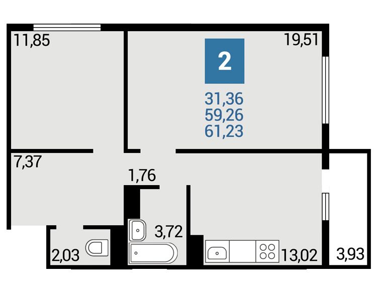 Планировка двухкомнатной квартиры Горгиппия Морская в Анапе Литер 2