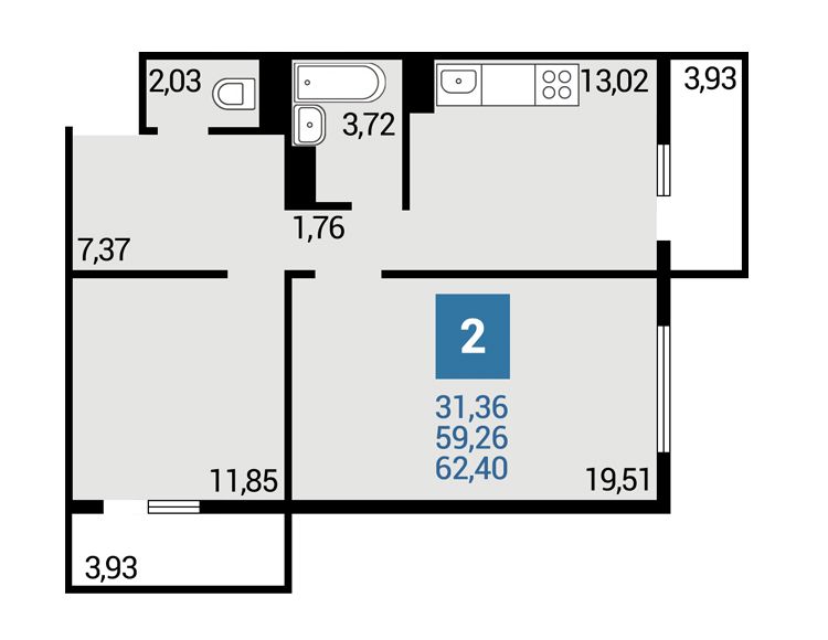 Планировка двухкомнатной квартиры Горгиппия Морская в Анапе Литер 2